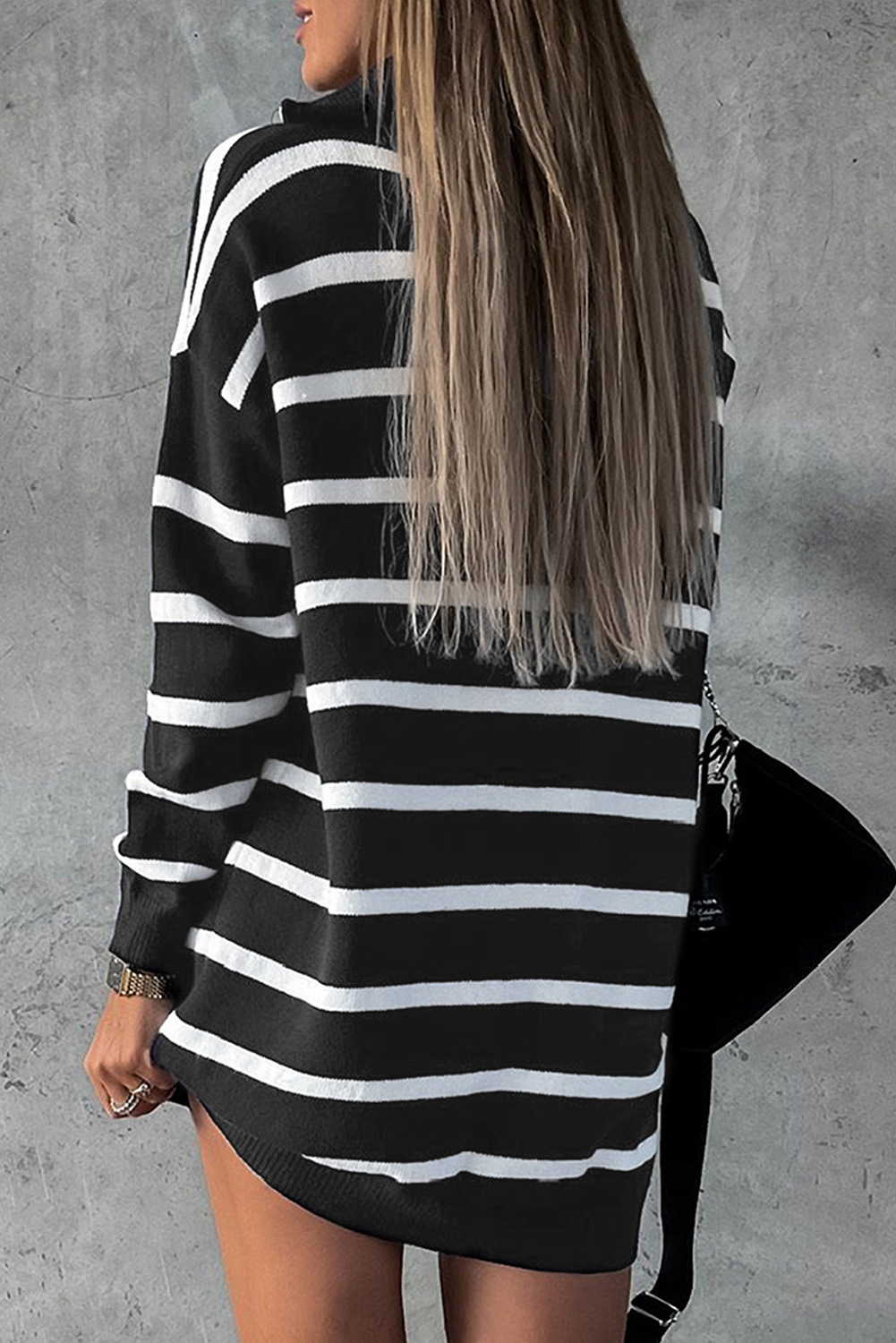 Black Striped O-ring Zip Collared Loose Sweater Mini Dress Item image 5