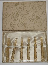 NIB Vtg 6 Brass? Gold Cocktail 3 1/4&quot; 3-Tine Forks Floral Flower Design Handles - £7.00 GBP