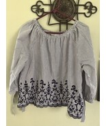 Time &amp; Tru 3/4 Tie Sleeves Blouse Top Embroidered Blue White Thin &amp; Comf... - $11.00