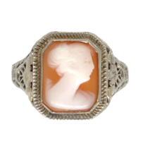 Art Deco 14k White Gold Filigree Genuine Natural Shell Cameo Ring (#J7064) - £239.48 GBP