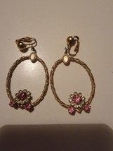 Vintage Womens Earrings VTG Gold Tone  Hoop Pink/white Rhinestone Crystal  - £15.40 GBP