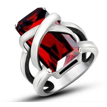 Elegant Red Stone Stainless Steel Ring Unique Design Vintage Party Wedding Rings - £8.44 GBP