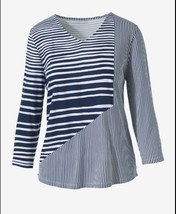 Chicos 0 Spliced Stripe Tee Shirt Womens S 4 V Neck Cotton Soft 3/4 Sleeves Blue - £14.38 GBP