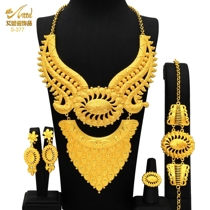 African 24k Gold Plated Jewelry Set For Women Dubai Bride Wedding Wife Gift Tren - £58.07 GBP