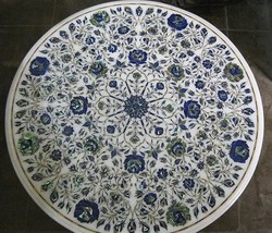 13&quot; White Marble Round Coffee Table Top Semiprecious Lapis Inlay Floral Art Deco - £192.55 GBP