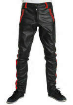 Men&#39;s Leather Pants Biker Bluf Breeches Trousers Punk Motorcycle Red Stripes - £103.90 GBP