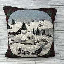 David Carter Brown Tapestry Pillow Victorian Sleigh Ride Snow Scene Plaid Trim - £15.56 GBP