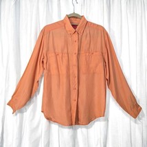 VTG Oleg Cassini Shirt Woman Medium 100% Silk Peach Coral Button Down Safari - $23.38