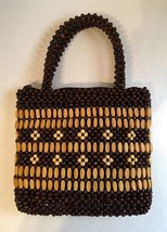 Wooden Beaded Purse Natural Brown Floral Fabric Lined Hand Bag Double Ha... - $32.00