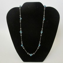 Hematite Long Necklace With Blue Stones Southwestern Style - £17.39 GBP