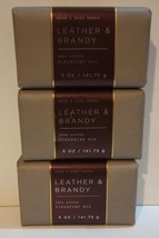 3x Bath &amp; Body Works LEATHER &amp; BRANDY Cleansing Bar Soap 5 oz Each New - £21.46 GBP