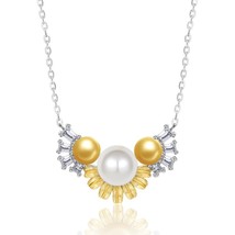 Daisy Necklace With 3 Pearl Inlaid In Two Tone Gold Engagement Pendent - £146.25 GBP