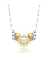 Daisy Necklace With 3 Pearl Inlaid In Two Tone Gold Engagement Pendent - $251.29 CAD