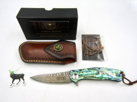 VG10 Damascus Abalone Sea Shell Handle Knife Folding Pocket VP26 (New, Engraved) - £47.58 GBP
