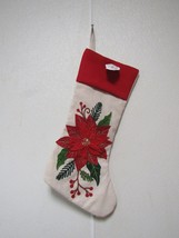 3D Poinsettia on Beige Burlap Happy Holiday Christmas Stocking 18&quot; by 9&quot; - £13.46 GBP
