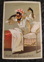 Antique Victorian French Trading Card Bear in Women&#39;s Sleepwear Waking Up in Bed - £6.73 GBP