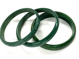 3 GREEN MOTTLED  BANGLE BRACELETS 1 Bakelite 2 Celluloid 1920s-40s Art Deco - $97.65