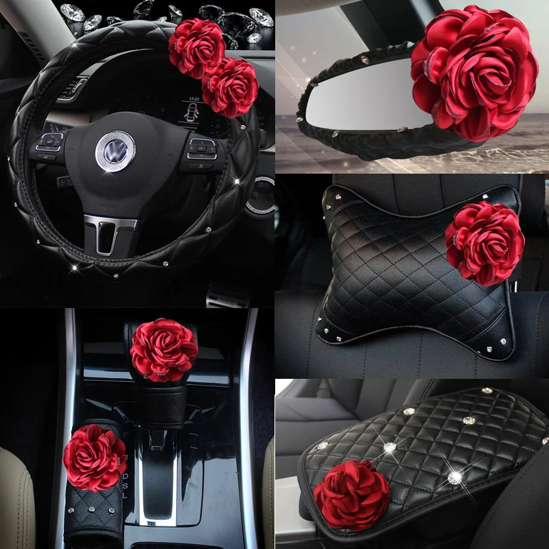 Red Rose Flower Car Seat Interior Accessories Leather Steering Wheel Cover Auto - $14.47+