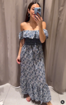 Zara Bnwt 2024. Blue White Floral Print Ruffled Dress Off The Shoulder. 9878/112 - £49.75 GBP
