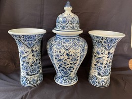 Antique Dutch Delft ceramic mantle set. Floral with bird . Several marks bottom - £207.79 GBP