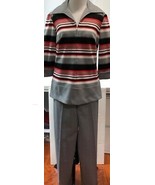 Kay Windsor Womens 2 Piece Pants Set Gray Striped 3/4 Sleeve Zip Top Vin... - $527.63 MXN