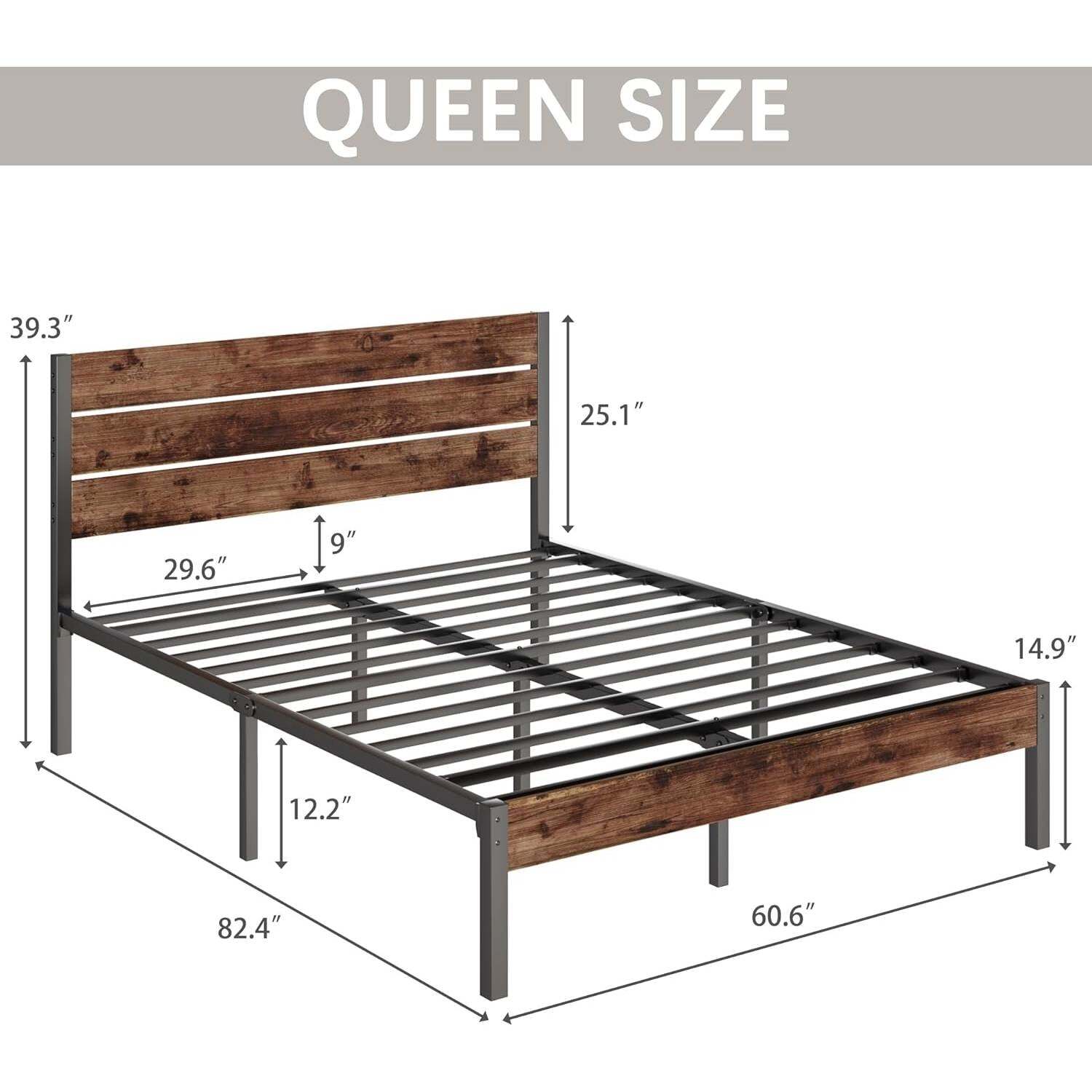 Queen Size Modern Farmhouse Metal Bed Frame With Wood Headboard Item image 3