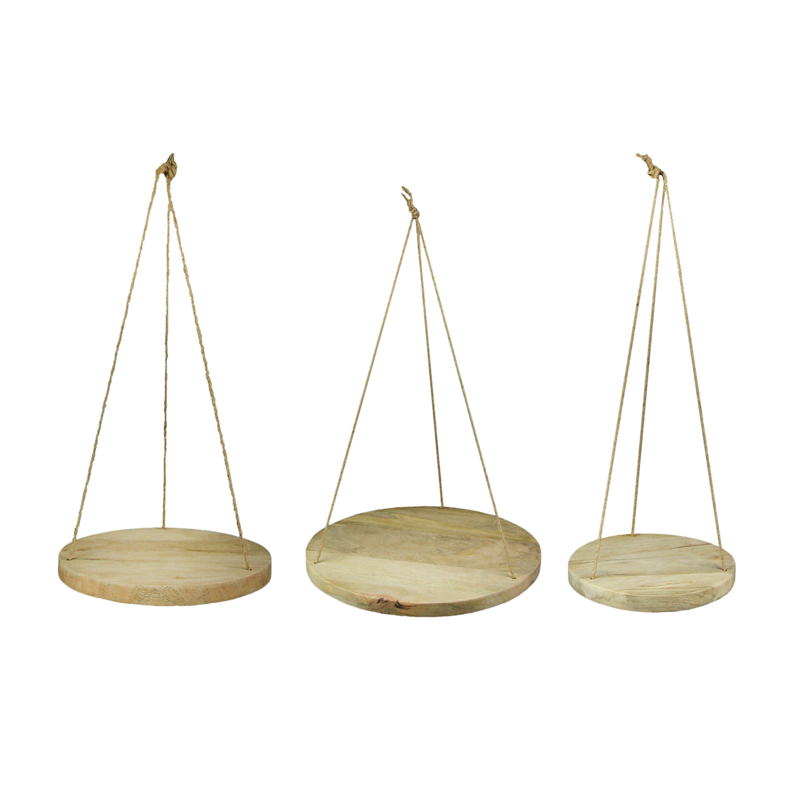 Primary image for Set of 3 Primitive Country Wooden Disc and Jute Rope Hanging Plant Stands
