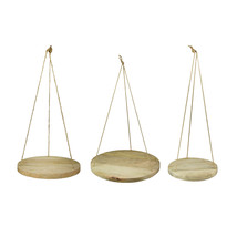 Set of 3 Primitive Country Wooden Disc and Jute Rope Hanging Plant Stands - £52.57 GBP