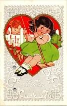 Vintage Postcard Valentine&#39;s Day Holiday Embossed Girl on Swing Hiding Boy - £4.71 GBP