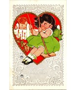 Vintage Postcard Valentine&#39;s Day Holiday Embossed Girl on Swing Hiding Boy - £4.78 GBP
