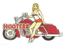 HOOTERS SEXY BLONDE GIRL PINK MOTORCYCLE / BIKE / BIKER LAPEL BADGE PIN - $14.99