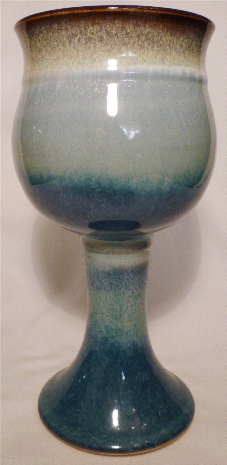 STUDIO ART POTTERY PEDESTAL STEMMED GOBLET CANDLE HOLDER BLUE MULTICOLOR... - $22.00