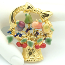 FRUIT BASKET fancy enamel &amp; bead pin - gold-tone apple pear cherry grape brooch - $20.00