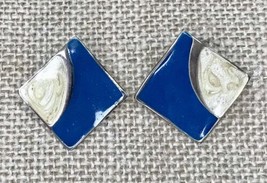 Vintage Blue Cream And Golden Swirl Diamond Shaped Enamel Earrings Statement - £7.73 GBP