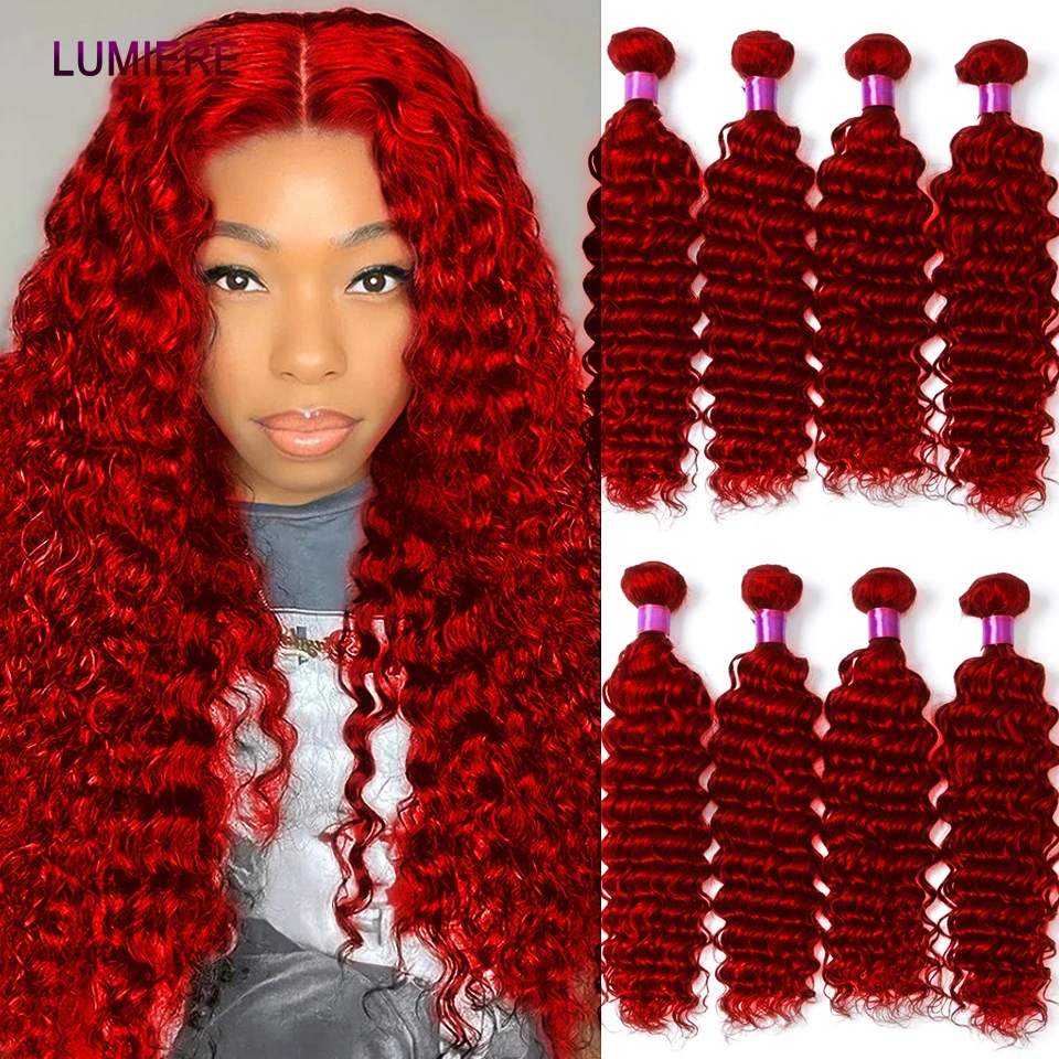 8-30&quot; Hot Red Colored Deep Wave Bundles Brazilian Hair Weave Bundles 1/3/4 PCS - £61.01 GBP+