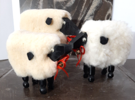 Vintage Folk Art Fuzzy Wool Woolen Sheep Wood Decoration Set of 3 Freestanding - $26.05