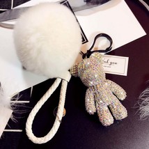 Rhinestone Bear Key ring with pompon,Crystal teddy bear Car Key Chain,cute bear - £24.48 GBP
