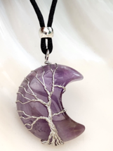 Tree of life Amethyst Moon Pendant Cord Necklace Crescent Wire Wrap Jewellery - £6.82 GBP