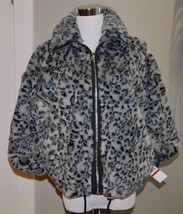 Lucky Brand Sz XS Leopard Faux Fur Jacket Gray Funnel Neck Zip Bomber $198! - $24.74