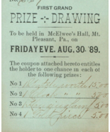1889 Raffle Ticket McElwee&#39;s Hall Mt Pleasant, Pa - $38.03 CAD