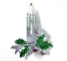 Vintage Gerry&#39;s Brooch Pin Christmas Candle Silver Tone Green Holly - $14.00