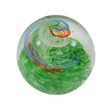 Vintage Galaxy Studio Green Orange Blue Bubbles Blown Art Glass Paperweight - £73.56 GBP