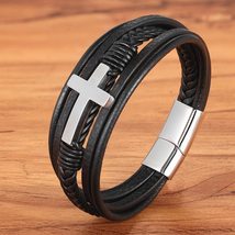 Luxury Multicolor Cross Design Classic Stainless Steel Men&#39;s Leather Bracelet 19 - £13.74 GBP