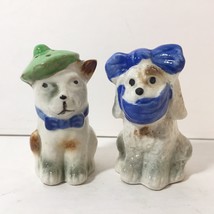 Vintage White Puppy Dog Green Blue French Beret Bow Japan Salt Pepper Shakers - £19.45 GBP