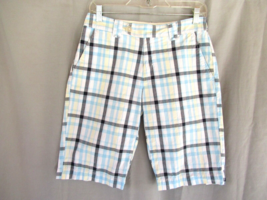 Izod shorts Bermuda walking Size 4 white blue plaid inseam 12&quot; 100% cotton - £10.75 GBP