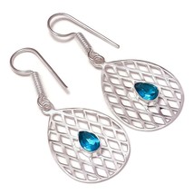 Blue Topaz Gemstone 925 Silver Overlay Handmade Filigree Drop Dangle Earrings - £7.86 GBP