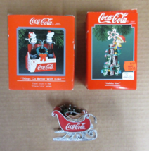 Vintage Lot of 3 Coca Cola Soda Bottle Sleigh Elf Holiday Christmas Orna... - $37.04