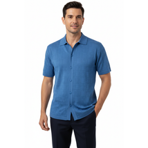 Mens Stacy Adams Italian Style Knit Woven Shirt Short Sleeves 3128 Denim Blue image 5