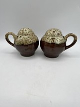 Brown Drip Salt and Pepper Shakers Stoneware Pottery w/Handles Large EUC Vintage - £17.53 GBP