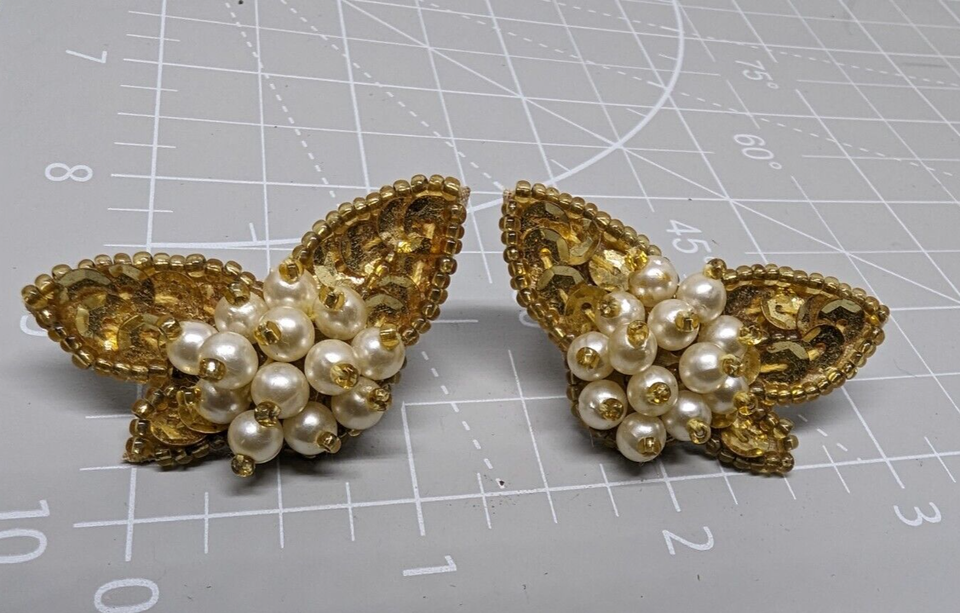 80&#39;s Avon Vintage Gold Tone Sequined Pearl Butterfly Pierce Earrings - $24.75